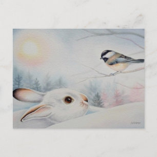 Snowshoe Rabbit & Chickadee Bird Watercolor Art Postcard