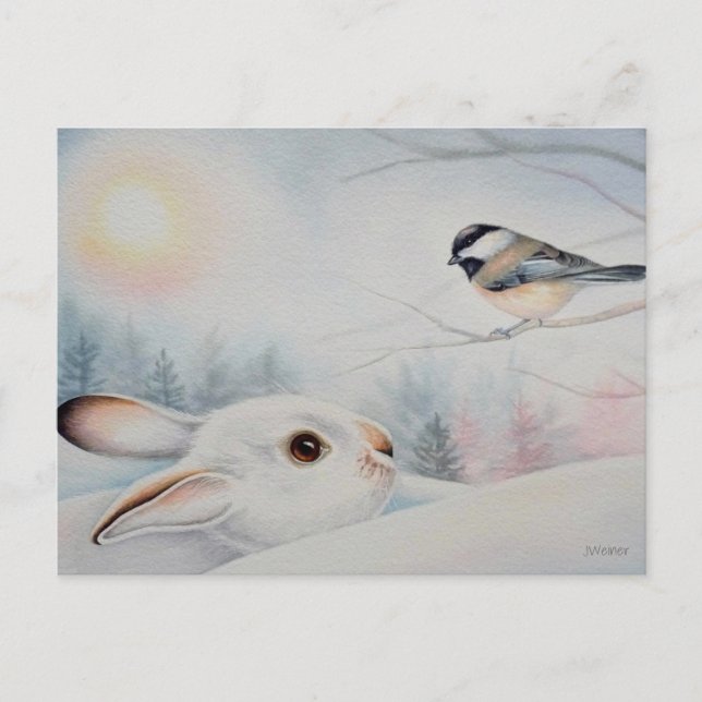 Snowshoe Rabbit & Chickadee Bird Watercolor Art Postcard (Front)