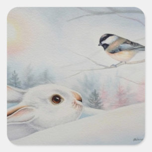 Snowshoe Rabbit & Chickadee Bird Watercolor Art Square Sticker