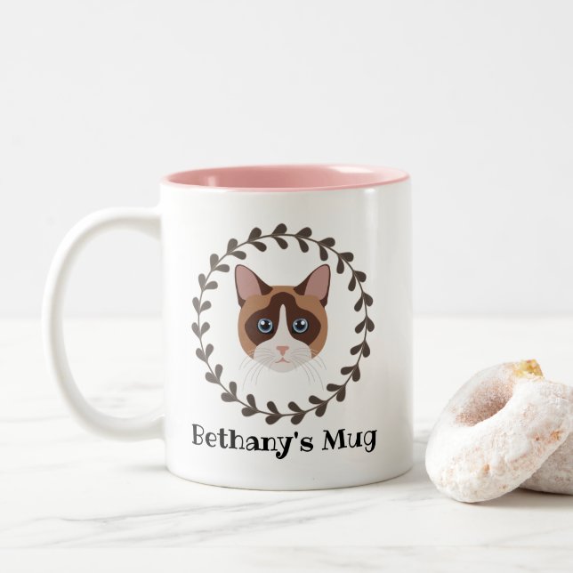 Snowshoe Siamese Cat Personalised Two-Tone Coffee Mug (With Donut)