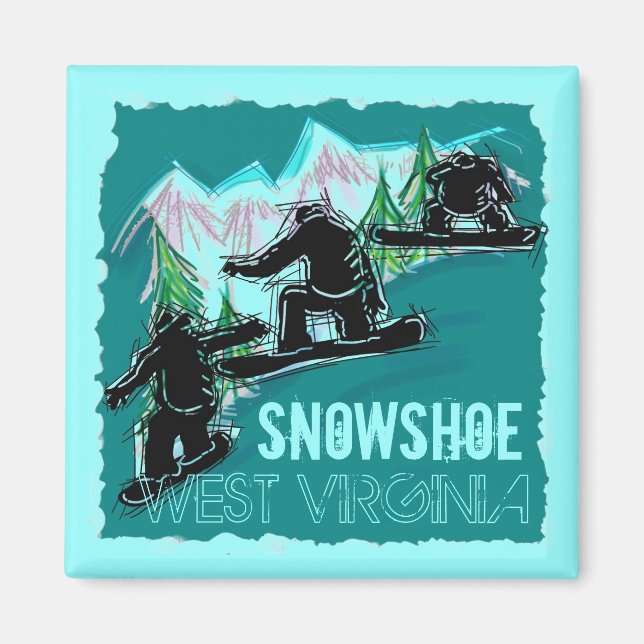 Snowshoe West Virginia teal snowboarding magnet (Front)