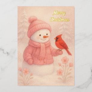 Snowwoman with Red Bird Christmas  Foil Holiday Card
