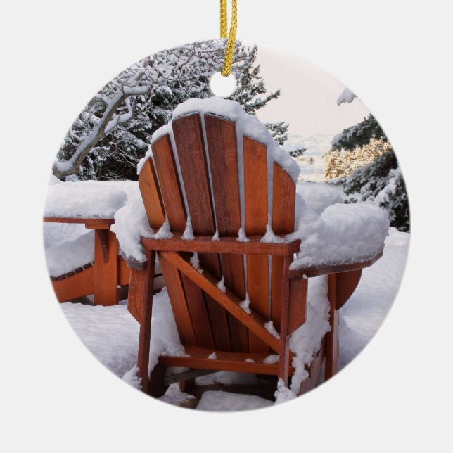 Snowy Adirondack Chairs in Winter Photo Ceramic Ornament (Front)