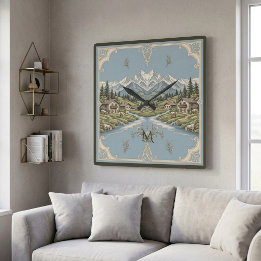 Snowy Alpine Mountain Landscape French Rustic Blue Square Wall Clock
