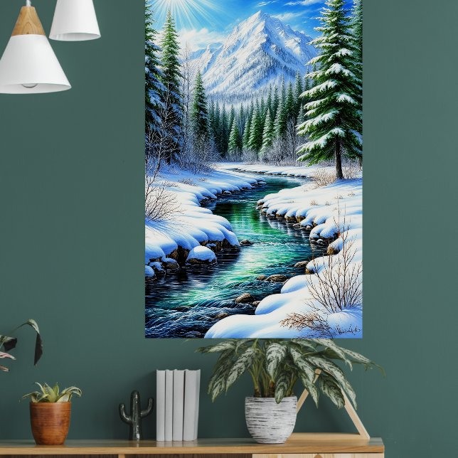 Snowy Alpine Valley With Sunlit River Poster (Living Room 1)