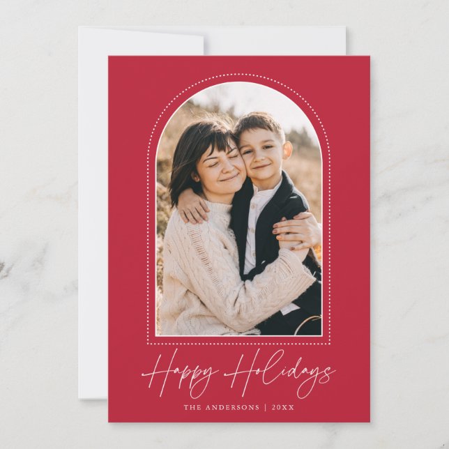 Snowy Arch Red Happy Holidays Photo Holiday Card (Front)
