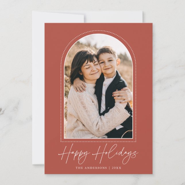 Snowy Arch Rust Happy Holidays Photo Holiday Card (Front)