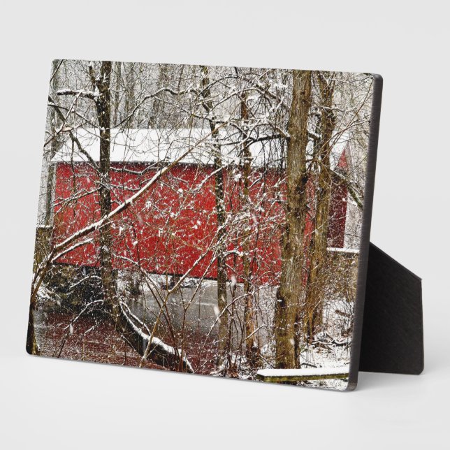 Snowy Ashland Red Covered Bridge in Delaware Plaque (Side)