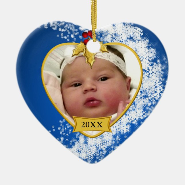 Snowy Baby's First Christmas Photo Ceramic Tree Decoration (Front)
