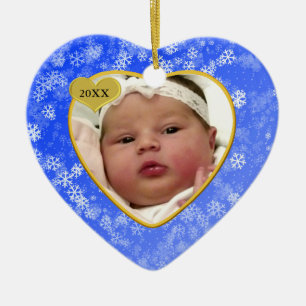 Snowy Babys First Christmas Photo Heart Ceramic Ornament