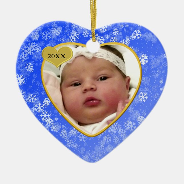 Snowy Babys First Christmas Photo Heart Ceramic Ornament (Front)