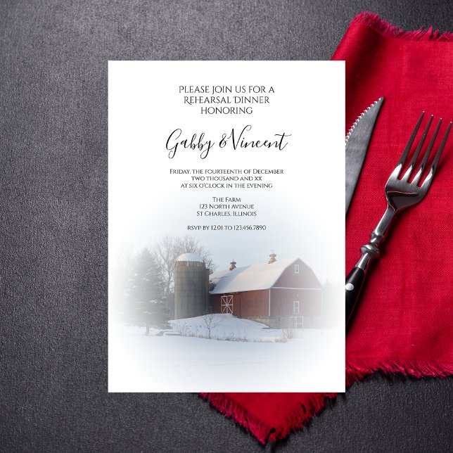 Snowy Barn Silo Winter Wedding Rehearsal Dinner Invitation (Creator Uploaded)