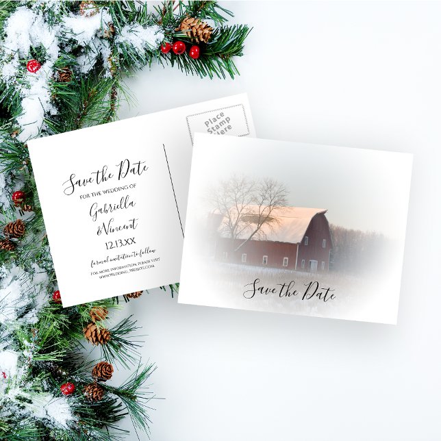 Snowy Barn Winter Country Wedding Save the Date Announcement Postcard (Creator Uploaded)
