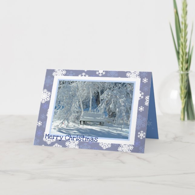 Snowy Bench / Blue Snowflakes Pattern / Christmas Holiday Card (Front)