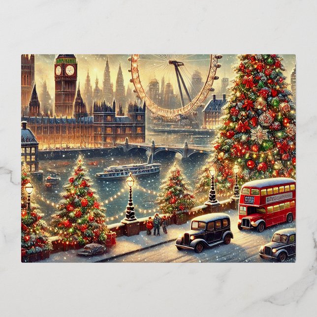  Snowy Big Ben & Festive London Skyline Foil Holiday Postcard (Front)