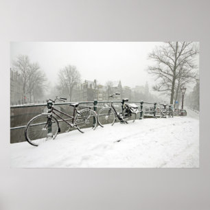 Snowy bikes in Amsterdam the Netherlands Poster