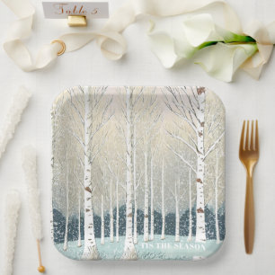 Snowy Birch Trees Christmas Teal ID1003 Paper Plate