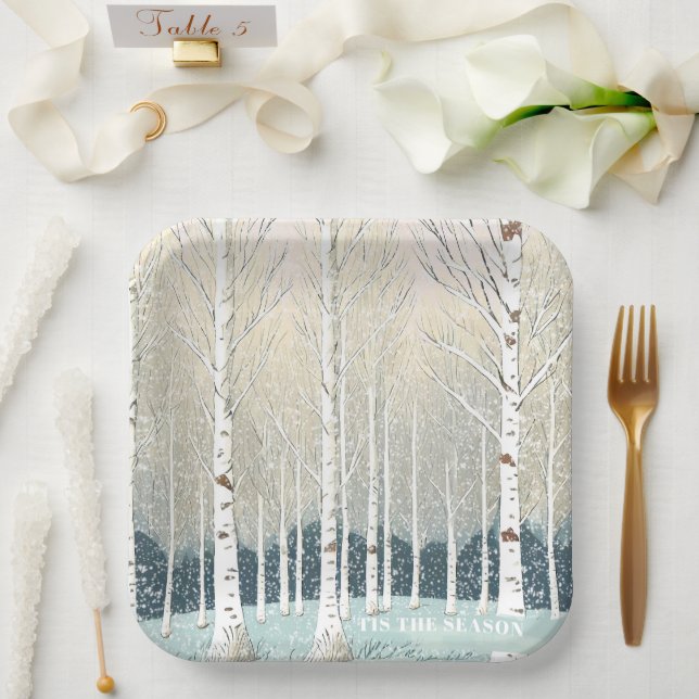 Snowy Birch Trees Christmas Teal ID1003 Paper Plate (Wedding)