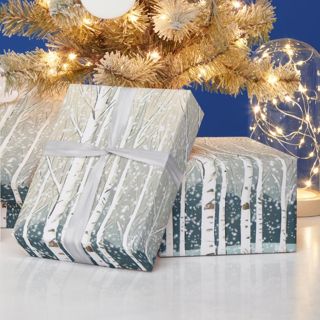Snowy Birch Trees Christmas Teal ID1003 Wrapping Paper (Holidays)