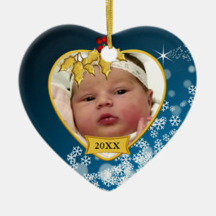 Snowy Blue and Gold Baby's 1st Christmas Photo Ceramic Ornament