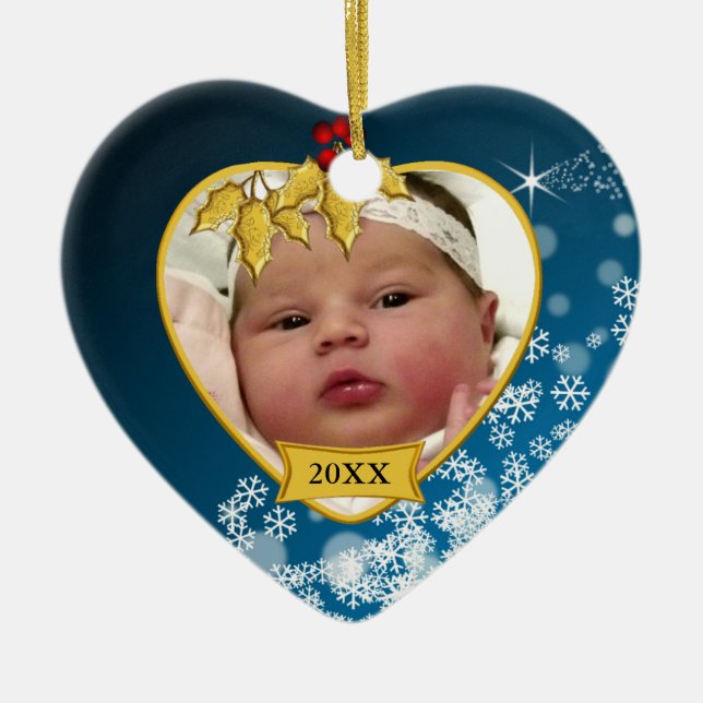 Snowy Blue and Gold Baby's 1st Christmas Photo Ceramic Ornament (Front)