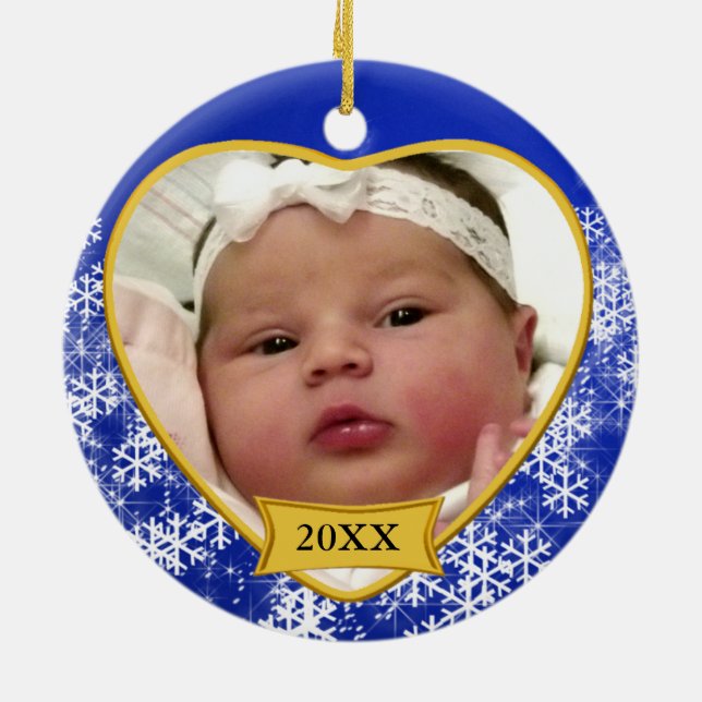 Snowy Blue Baby's Photo Christmas Ceramic Ornament (Back)