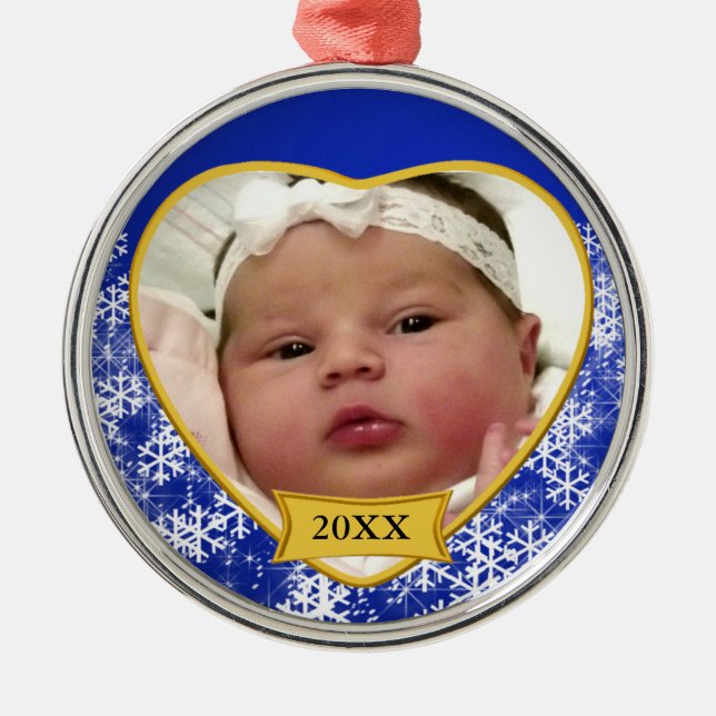 Snowy Blue Baby's Photo Heart Christmas Metal Ornament (Front)