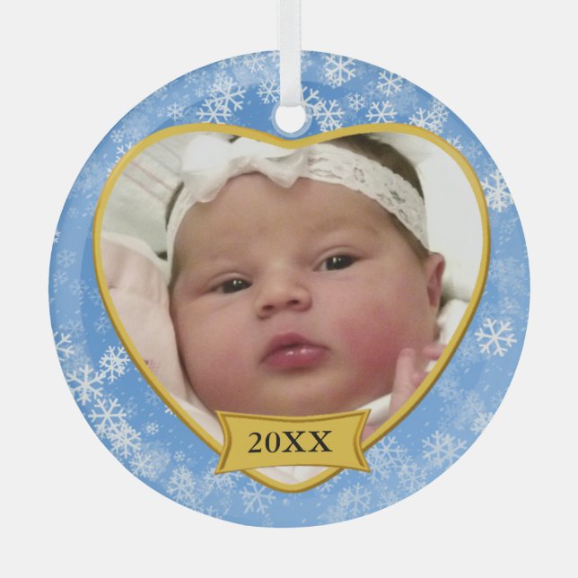 Snowy Blue Baby's Photo Keepsake Christmas Glass Tree Decoration (Front)
