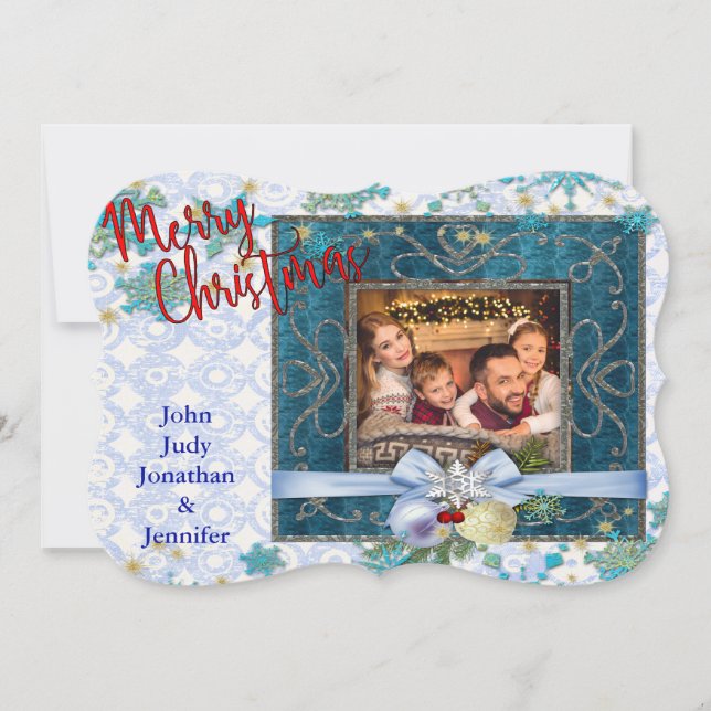 Snowy Blue Christmas Picture Frame Fancy Cut Photo Holiday Card (Front)