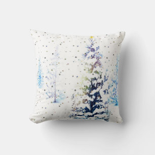 Snowy Blue Christmas Tree Square Pillow
