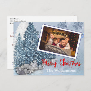 Snowy Blue Christmas Trees With Lace Photo Holiday Postcard