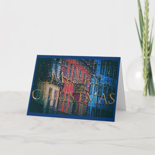 Snowy Blue City Scene Classic Christmas Holiday Card (Front)