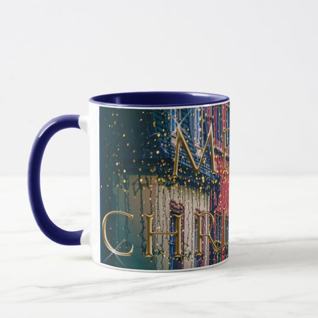 Snowy Blue City Scene Classic Christmas Holiday Mug (Left)