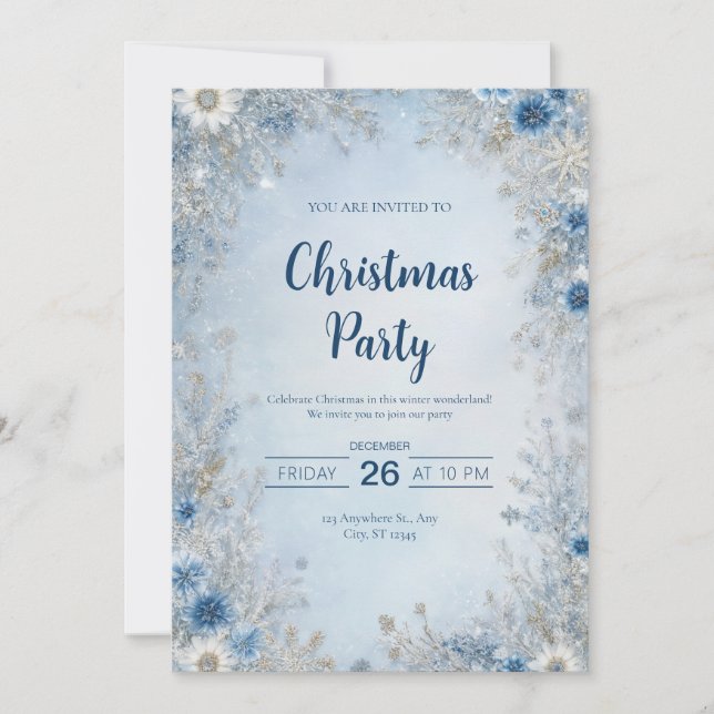 Snowy Blue Floral Winter Christmas Invitation (Front)