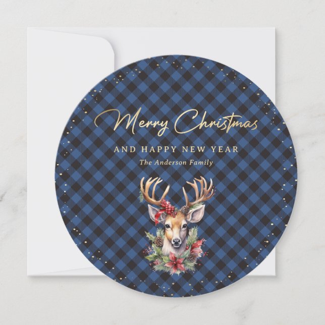 Snowy Blue Gold Deer Merry Christmas Holiday Card (Front)