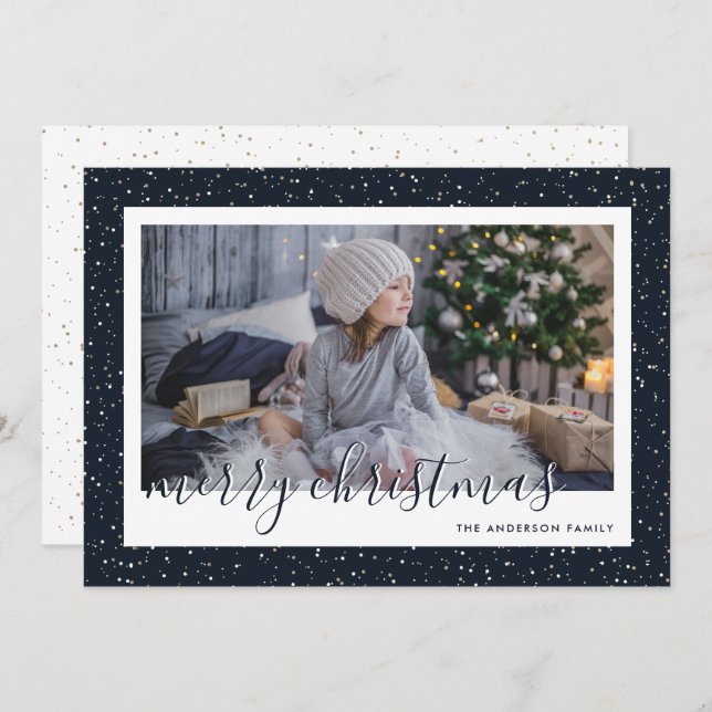 Snowy Blue Gold Family Photo Merry Christmas Holiday Card (Front/Back)