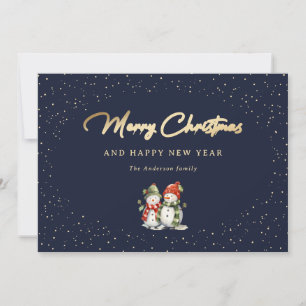 Snowy Blue Gold Snowman Holiday Card