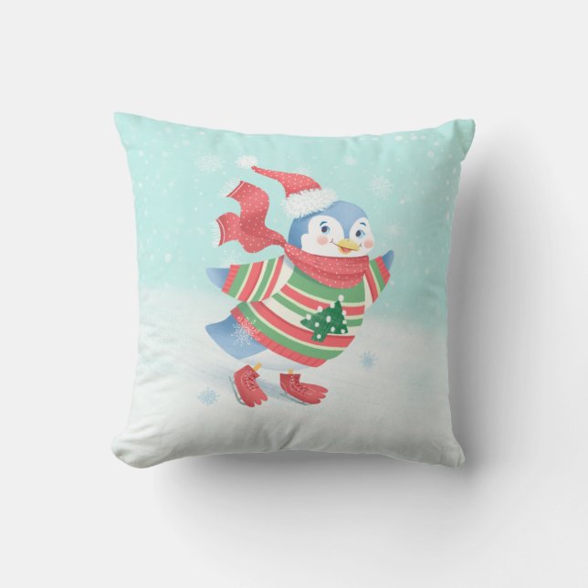 Snowy Blue Ice Skating Penguin Throw Pillow (Front)