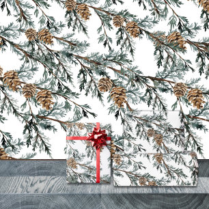 Snowy Blue Juniper Tree Branch & Pine Tree Cones W Wrapping Paper