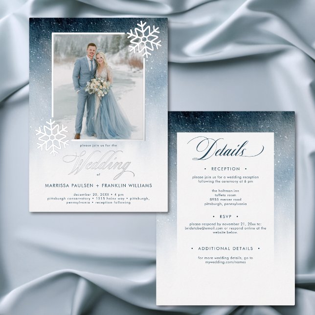 Snowy Blue Watercolor Winter Two Sided Wedding (Snowy Blue Watercolor Winter Two Sided Wedding Foil Invitation)