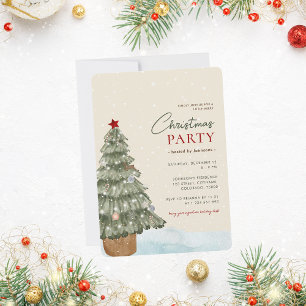 Snowy Boho Christmas Tree Modern Christmas Party Invitation