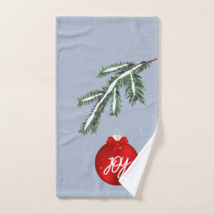 Snowy Branch and red ornament hand towel