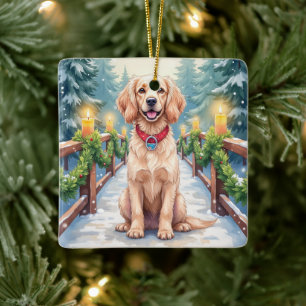 Snowy Bridge Boykin Spaniel Christmas Art Ceramic Ornament
