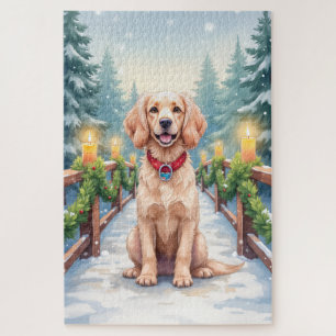 Snowy Bridge Boykin Spaniel Christmas Art Jigsaw Puzzle
