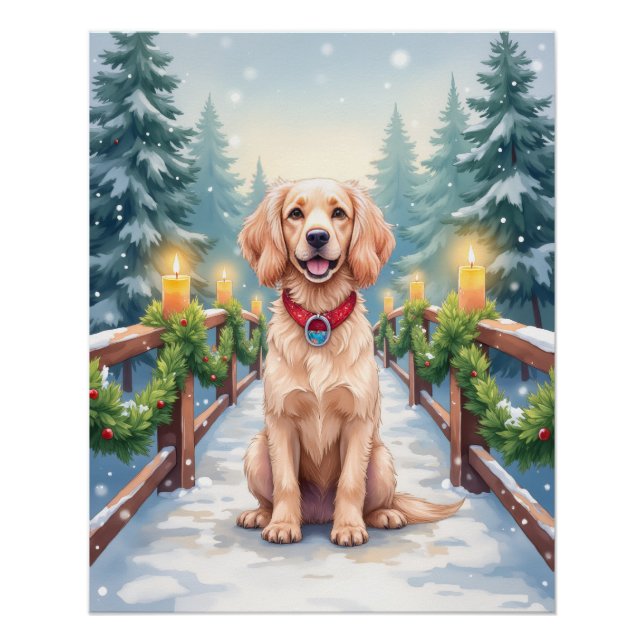 Snowy Bridge Boykin Spaniel Christmas Art Poster (Front)