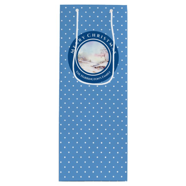 Snowy Bridge Watercolor Landscape Christmas Wine Gift Bag (Front)