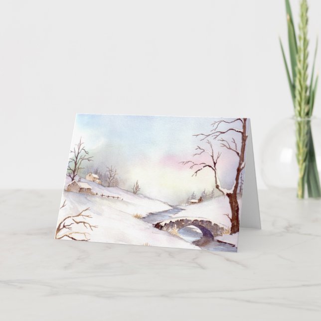 Snowy Bridge Watercolor Landscape Painting Holiday Card (Front)