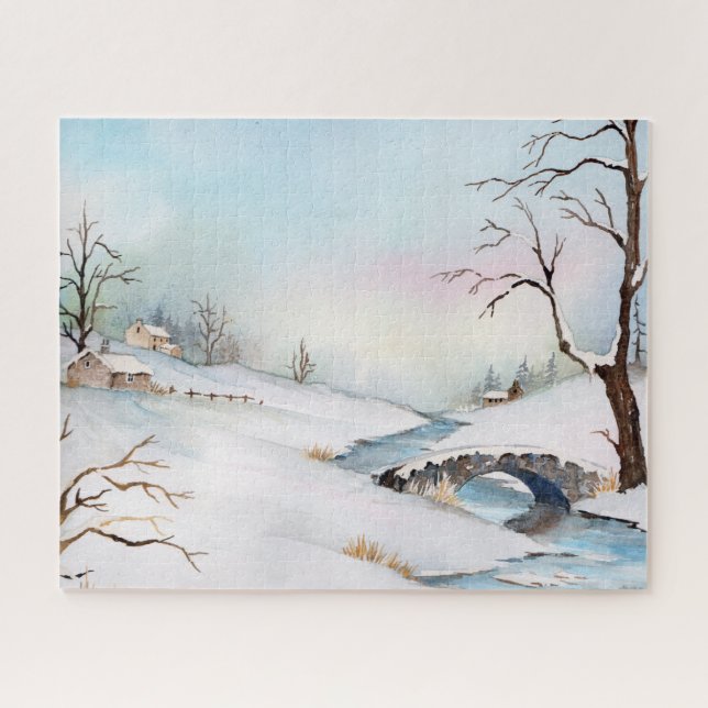 Snowy Bridge Watercolor Landscape Painting Jigsaw Puzzle (Horizontal)