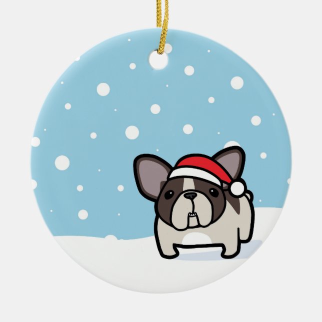 Snowy Brindle Pied Frenchie Ceramic Ornament (Front)
