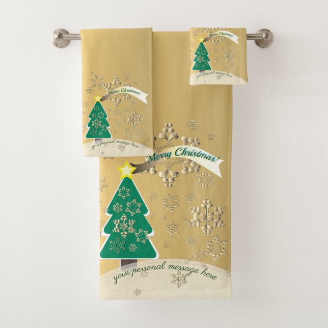 Snowy Bronze Drk Green Christmas Tree Scene Bath Towel Set (Insitu)